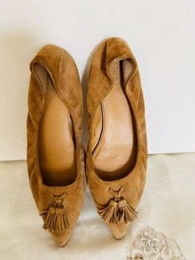 J. Crew Tan Suede Pointed Tassel Flats